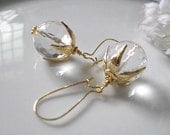 Clear Round Faceted Crystal Quartz With Gold Plated Leaf Cap Earrings, Rock Crystals