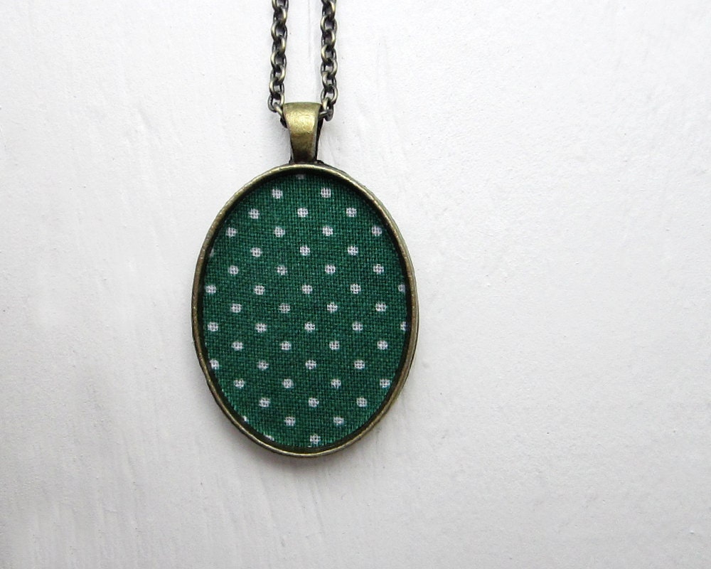 Polka Dot Retro Jewelry, Recycled Vintage Fabric Necklace, Green Jewelry, White Green Pendant Necklace, Mod