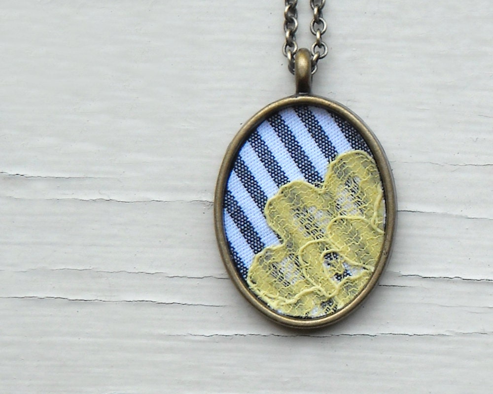 Pastel Yellow Necklace, Yellow and Gray Wedding, Flower Necklace, Stripes White Gray Yellow Jewelry, Lace Jewelry