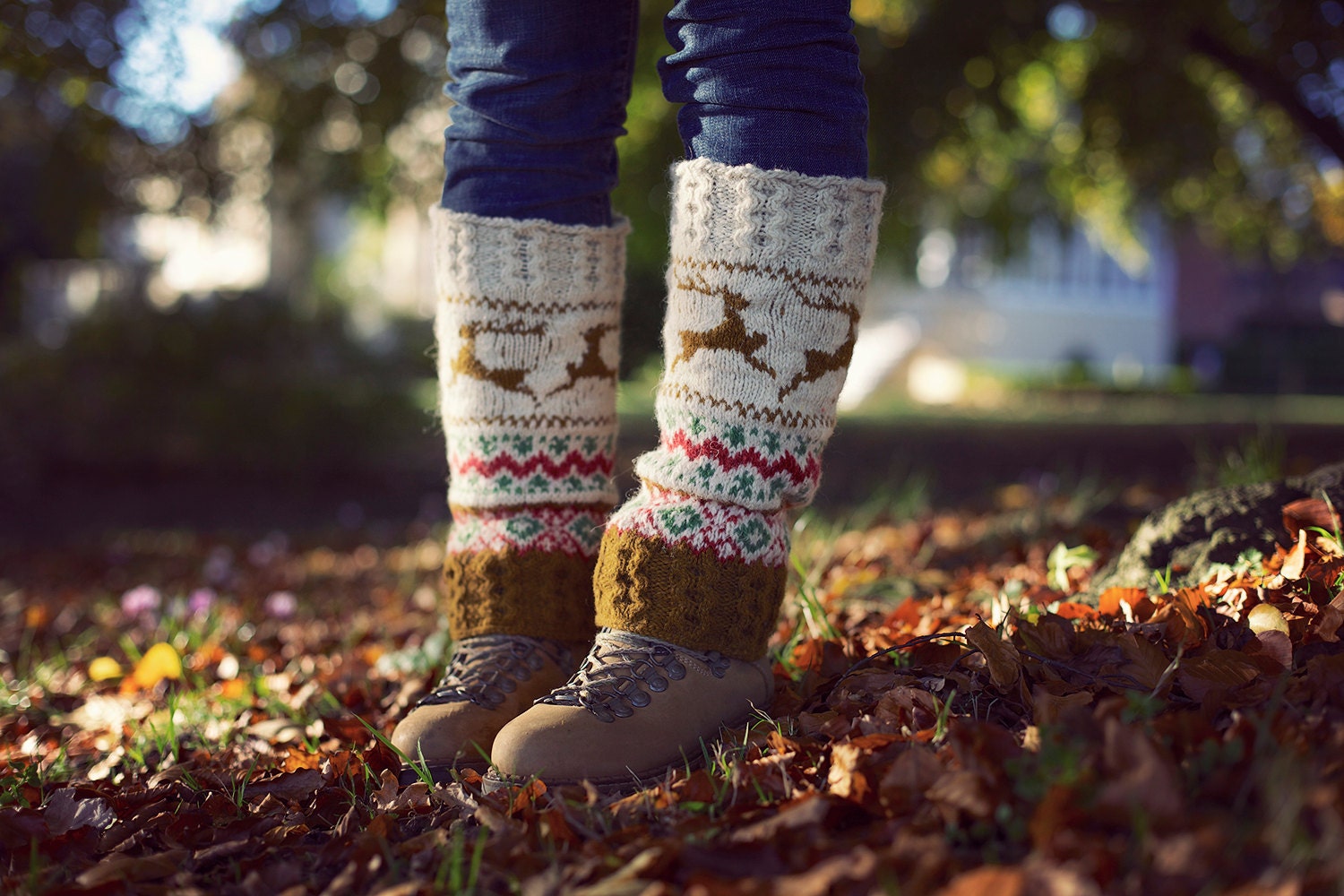 Deers hand knit wool leg warmers for women