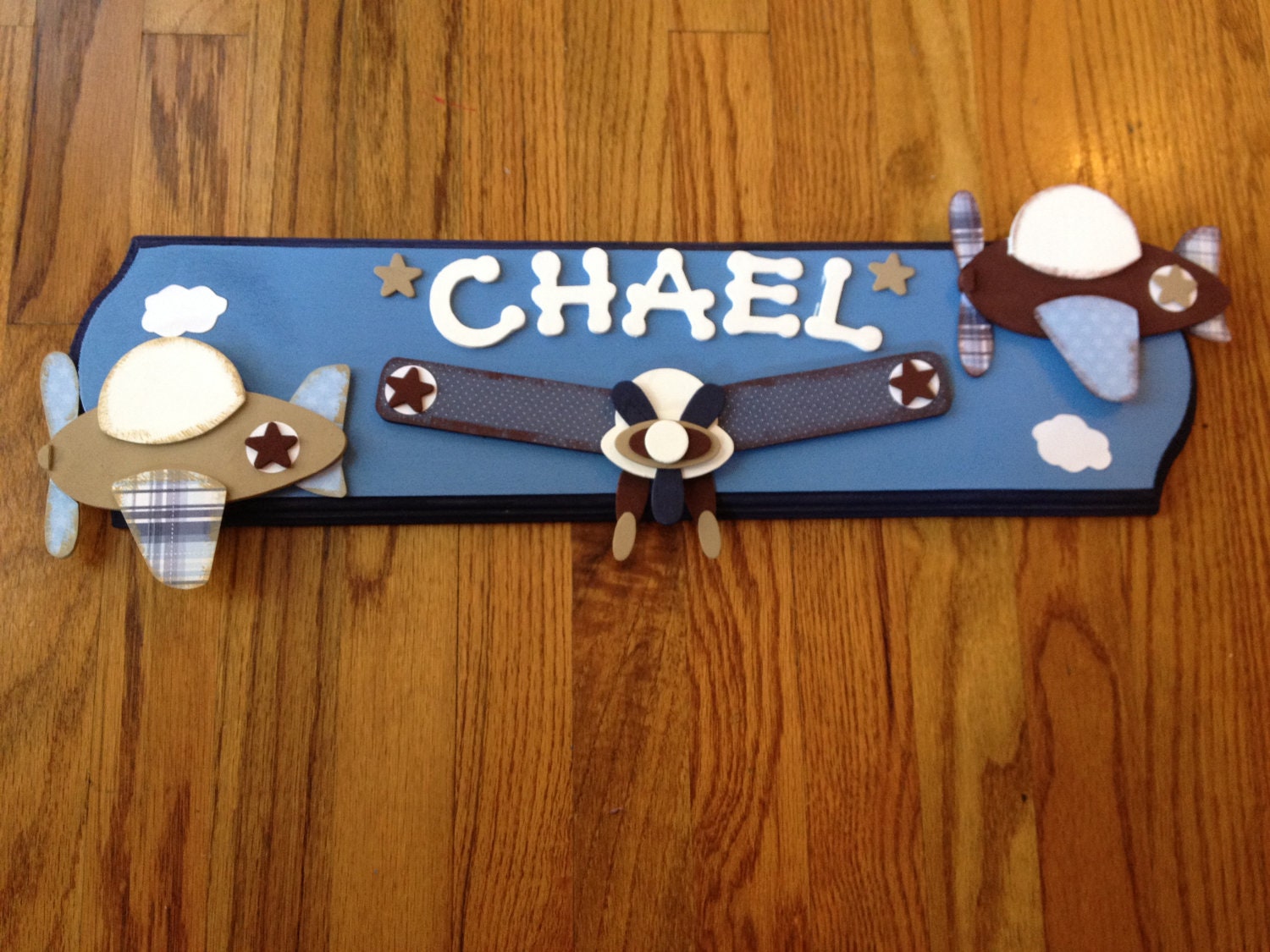 Custom Personalized Blue, Brown and Tan Airplane Name Plaque