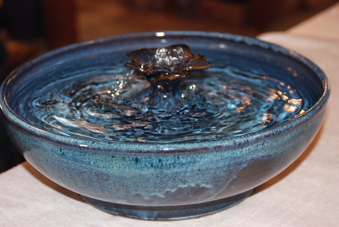 SECONDS SALE - Ceramic Cat Fountain, Handmade, Foodsafe - "Midnight Lotus" - 12 Plus Inch Diameter