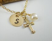 Baptism Gift, Gold Cross Initial Necklace, Small Gold Cross Charm