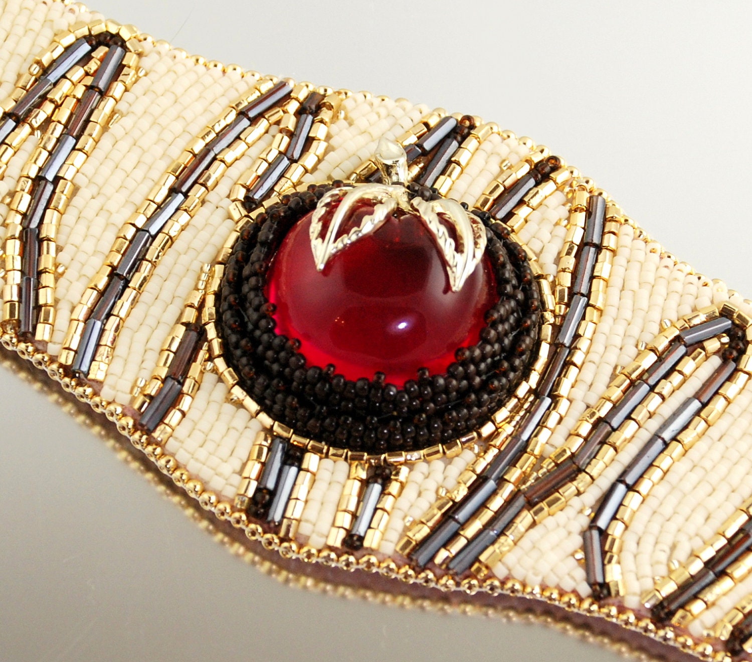 Chocolate Cherry Truffle -MADE to ORDER- Delicious Statement Bracelet Cuff, Bead Embroidered