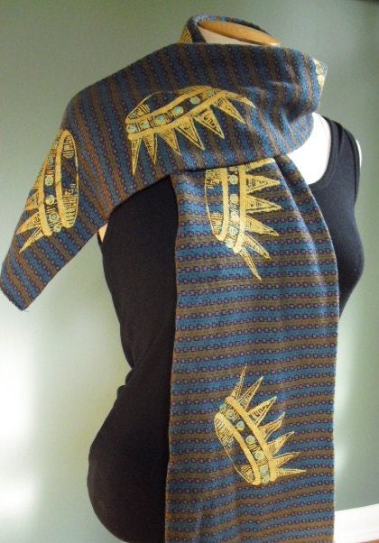 Funkystripe Brown Purple and Teal French Terry Scarf Screen Printed with Gold Jeweled Crown