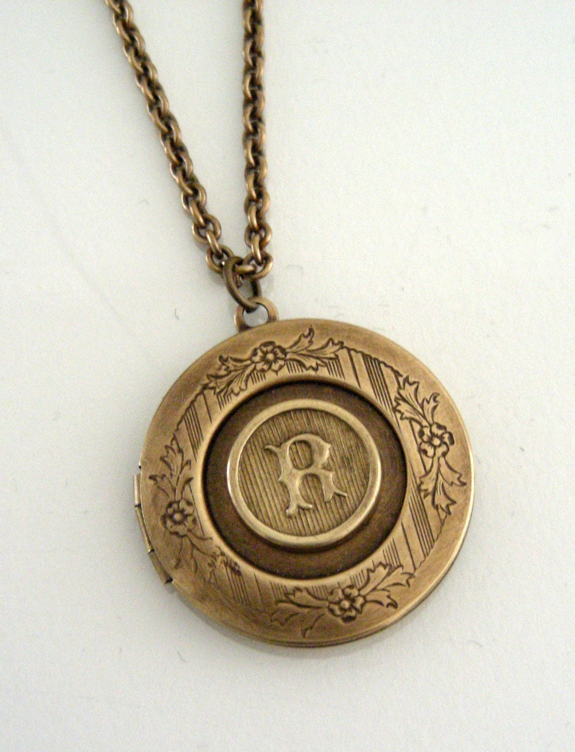Locket Necklace Initial R - Vintage Brass Handmade Letter R - Handmade