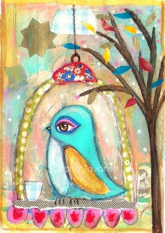 Sweet Bird - art mixed media Print 8 x 10 inch