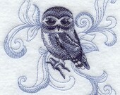 2 flour sack embroidered kitchen towels / bar mops halloween baroque Saw-whet owl