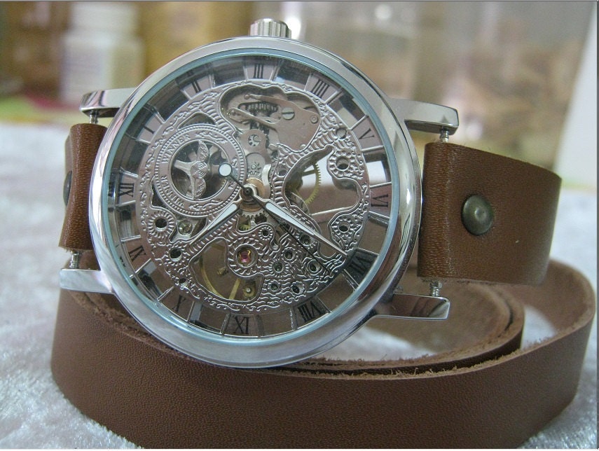 Skeleton Vintage Retro Steampunk camel Tan Leather Wrap Watch Mechanical Wind Watch with a lovely Silver Gold skeleton pattern FREE SHIP