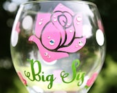 Pink Lime Green Rose Big Sis Little Sis Wine Glass