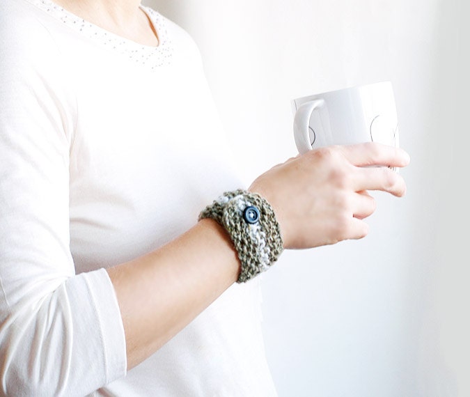 Knit wool bracelet cozy comfy soft gray green white stripe button snap fiber accessory gift for her