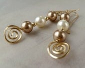 Earrings Gold & Pearl Dangle Swirls