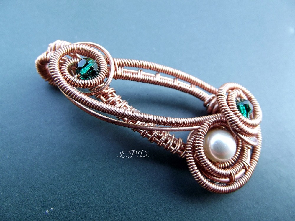 Wire Wrapped And Woven Copper Necklace Pendant With Swarovski Beads.