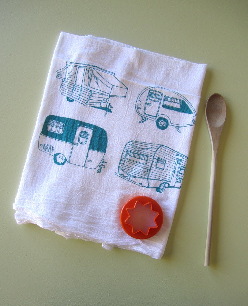Tea Towel - Screen Printed Organic Cotton Flour Sack Towel - Soft and Absorbent Kitchen Towel - Vintage Campers - Camping