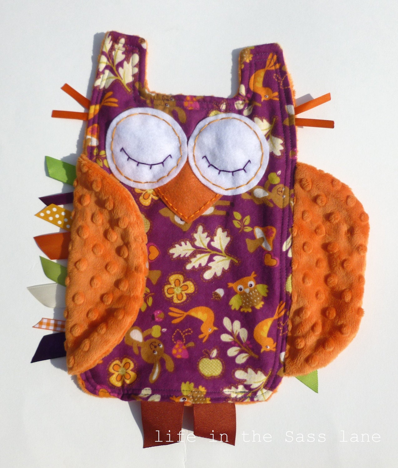Minky OWL Ribbon Tag Baby Blanket in Magenta and Orange Woodland Animals Print Blankie Lovey Lovie Baby Gift