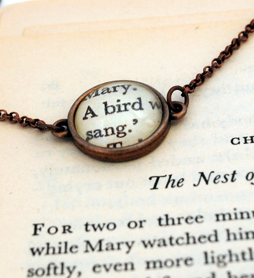 The Secret Garden Vintage Copper Book Page Pendant 'A bird sang'