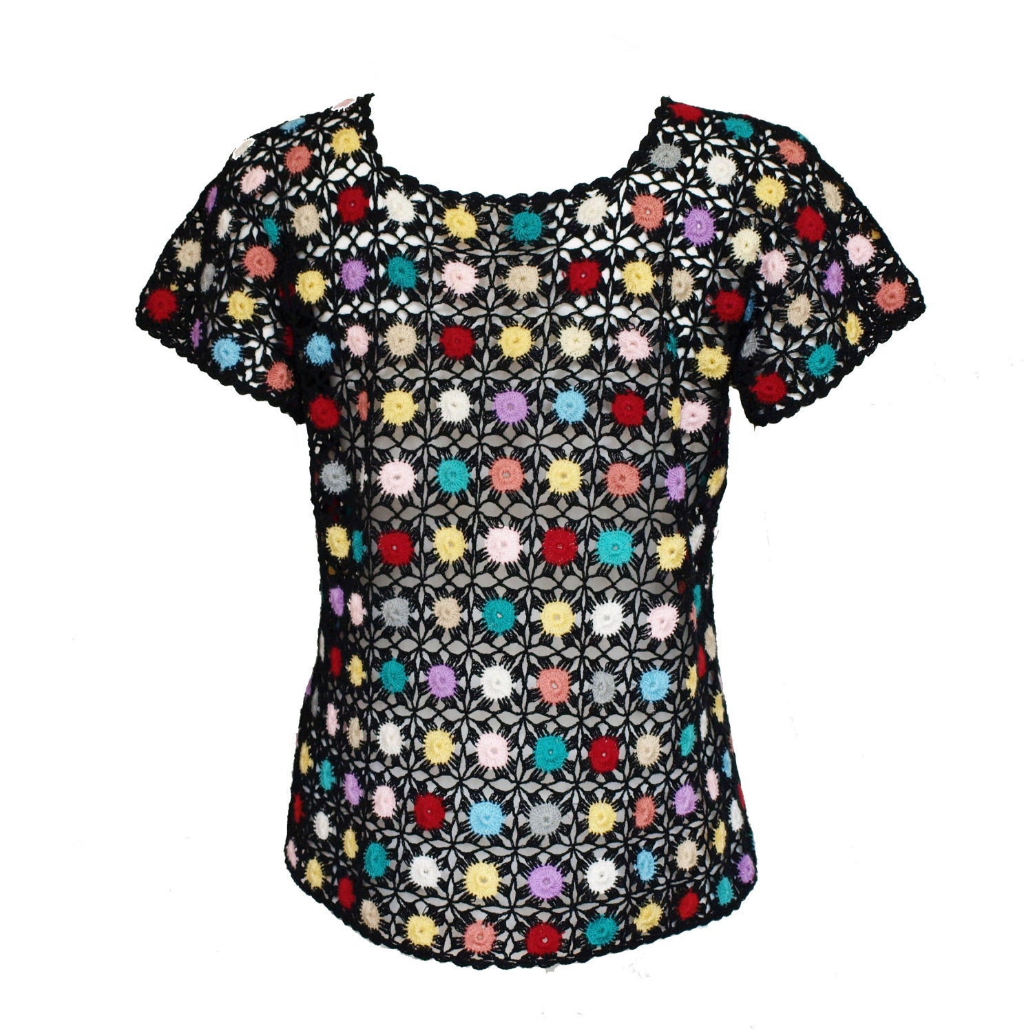 Vintage 70s 'stained glass' black and rainbow crochet open knit top medium