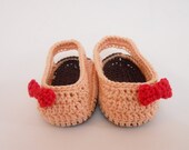 Crochet Baby Girl Shoes - Ballet Slingback with Bow (Peach and Red)