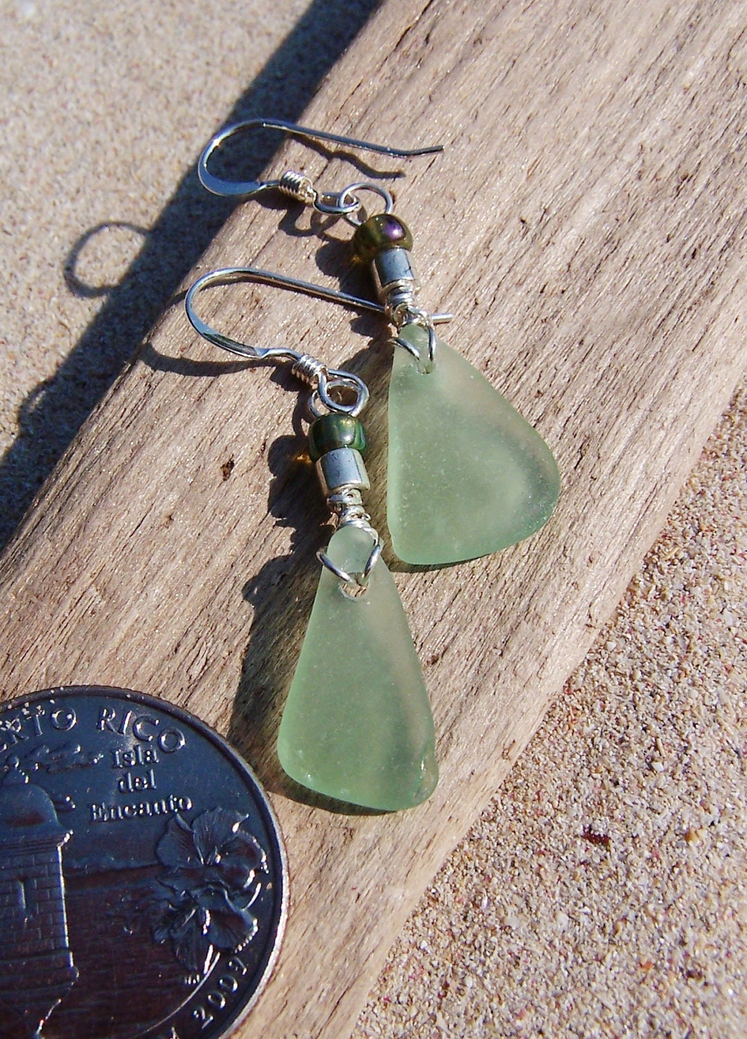 Sea Glass Earrings in Pale Sea Foam Green with Glass Bead Accents