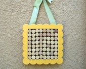 Wine Cork Message Board with yellow scalloped edges hanging from a green ribbon - by Lolailo
