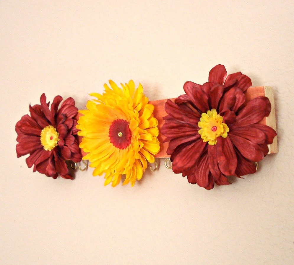 Jewelry organizer - Red & Yellow Flowers - repurposed from scrap wood by Lolailo