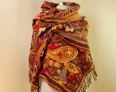 Remaining From Fall / Wool Woven Shawl Wrap  Stole Brown Yellow Red Shawl  Pashmina Hand Embroidery Flowers