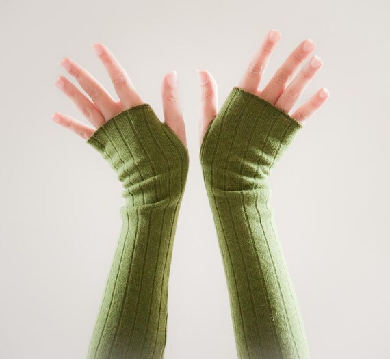 Long Fingerless Green Gloves-Arm gloves- Green Long Mittens- Long Ladies Vegan Friendly Mitts
