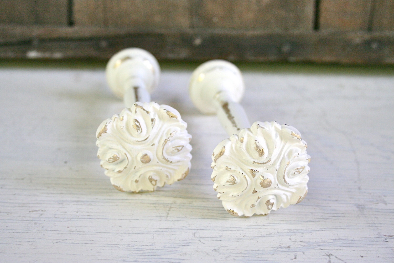 Set of Vintage Solid Brass Curtain Holdbacks - Painted White and Distressed - Vintage Shabby Chic Home Decor