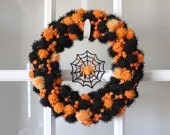 On Sale - Halloween Wreath Black Orange Sparkle Pom Poms with Spider - Ready to Ship