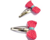 Bow Hair Clips Neon Coral Pink Crochet Silver Snap Hairclip Accessory