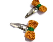 Gold & Green Bow Hair Clips Crochet Silver Snap Hairclip  Accessory