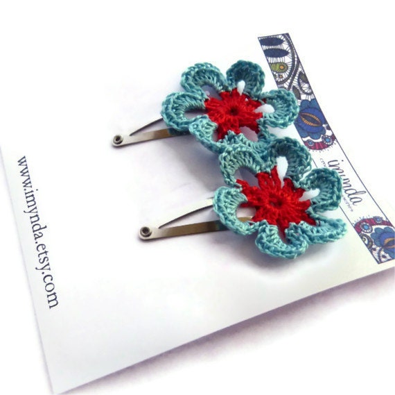 Crochet Flower Hairclips Red & Turquoise Flower Nature Accessories