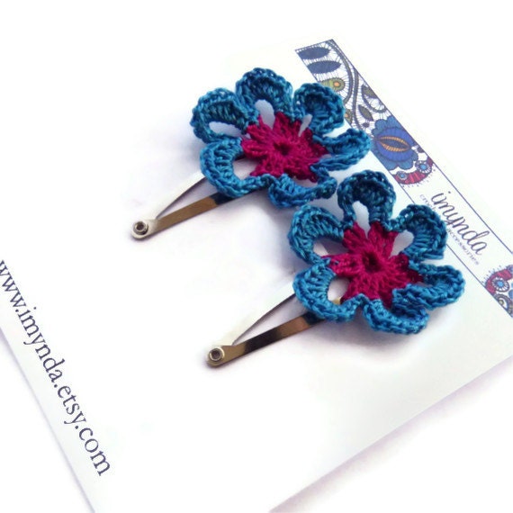 Crochet Flower Hairclips Pink and Blue Nature Accessories