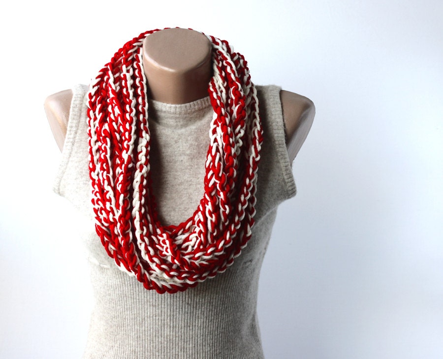 Infinity scarf circle cowl loop necklace off white dark venetian red vegan crochet chain fall fashion