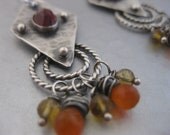 Artisan Sterling Silver Earrings with Garnets, Citrine and Orange Carnelian