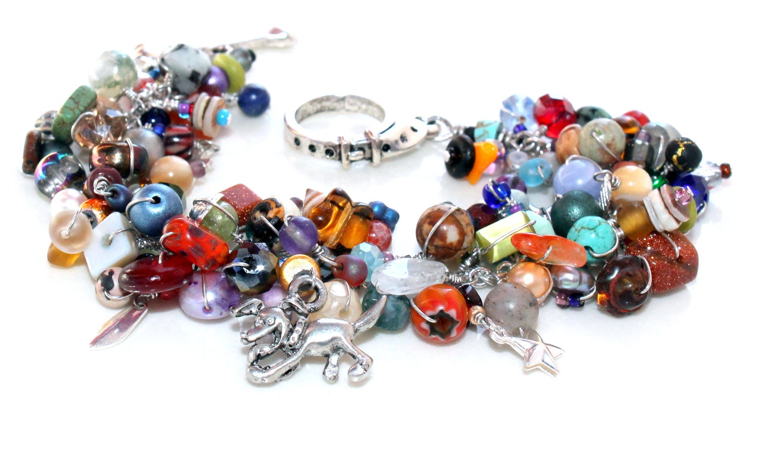 doggie days / bracelet / dog charm bracelet / colorful multicolored classic uniquenecks wire wrapped beaded bracelet / leash and bone clasp