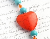 Bright Orange and Aqua Blue Turquoise Bracelet - Large Heart - Mod Look - Swarovski Crystals - Silver Toggle Clasp - Beaded bracelet tagt