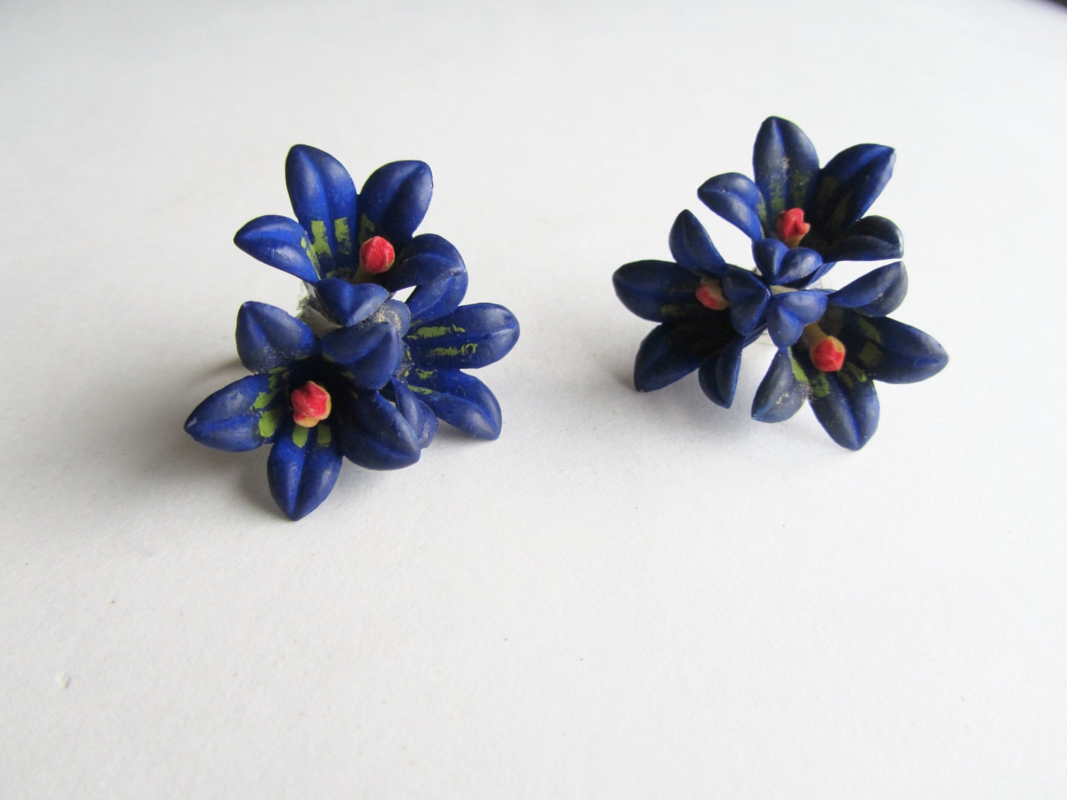Vintage 1930s 1940s Celluloid Earrings Blue Flowers with Handpainted Details