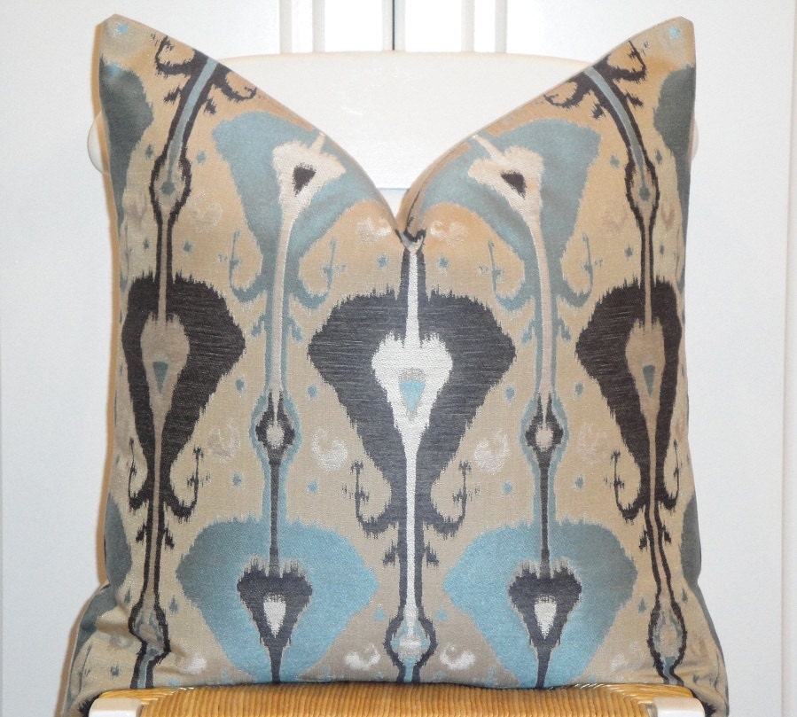 Decorative Pillow Cover - 20 x 20 - IKAT -  Accent Pillow - Throw Pillow  - Blue - Beige -