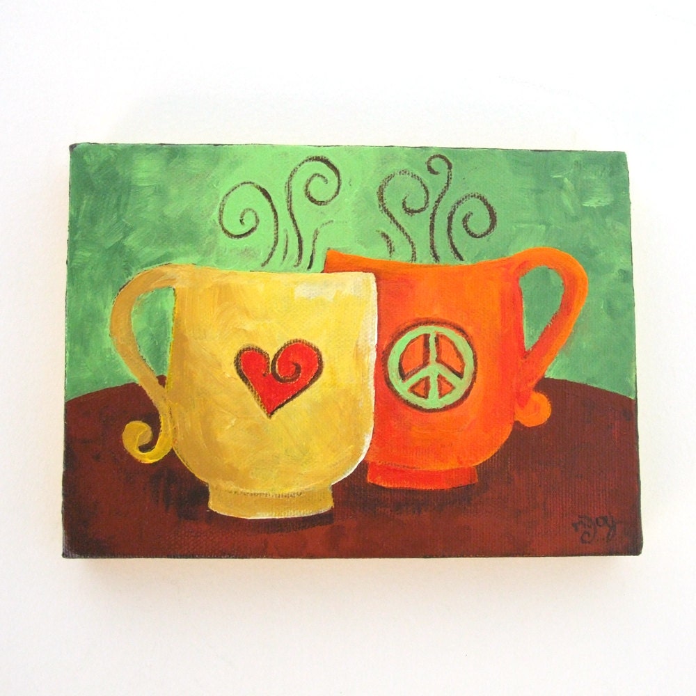 Coffee Themed Art, CoffeeMates Peace and Love, 5x7 Acrylic Canvas Wall Art, Home and Office Decor for Small Spaces