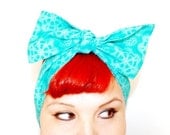 Bow style, Vintage Inspired Head Scarf, Turquoise Lace Pattern, Rockabilly, Retro, 1940s, 1950s