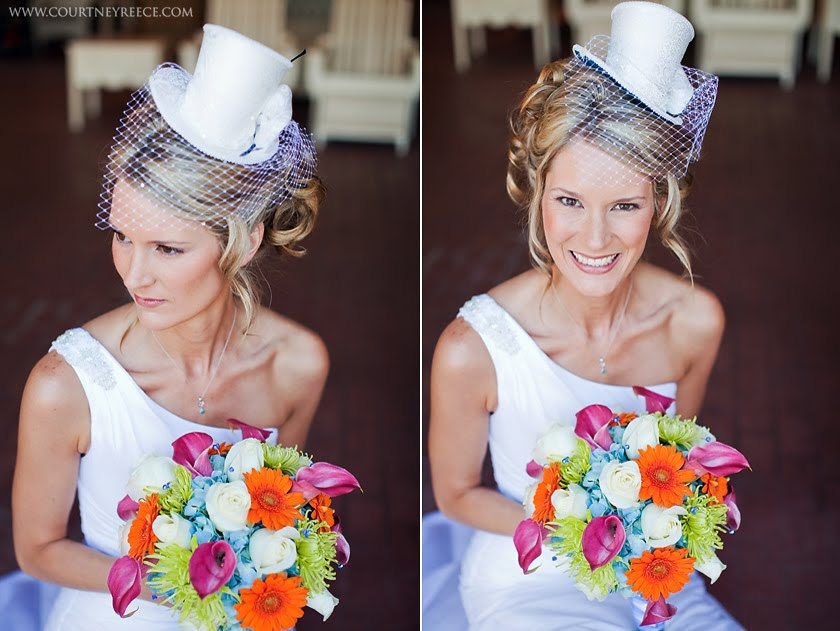 Wedding bridal top hat with birdcage veil, mini top hat with detachable veil - white or ivory