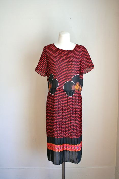 vintage chiffon flapper dress - DECO PRINT 70s dress / M