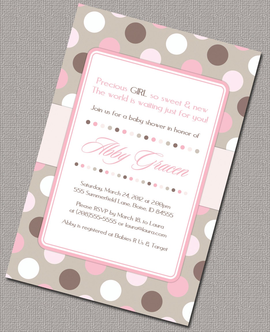 Baby sprinkle invitations - Girl Baby Shower Invites, Brown, Pink, Polkadots - printable digital file - Design 758