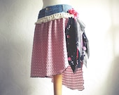 Pink Gypsy Skirt Shabby Chic Knee Length Black Floral Upcycled Clothing Bohemian Clothes Recycled Jeans Large 'CICILY'