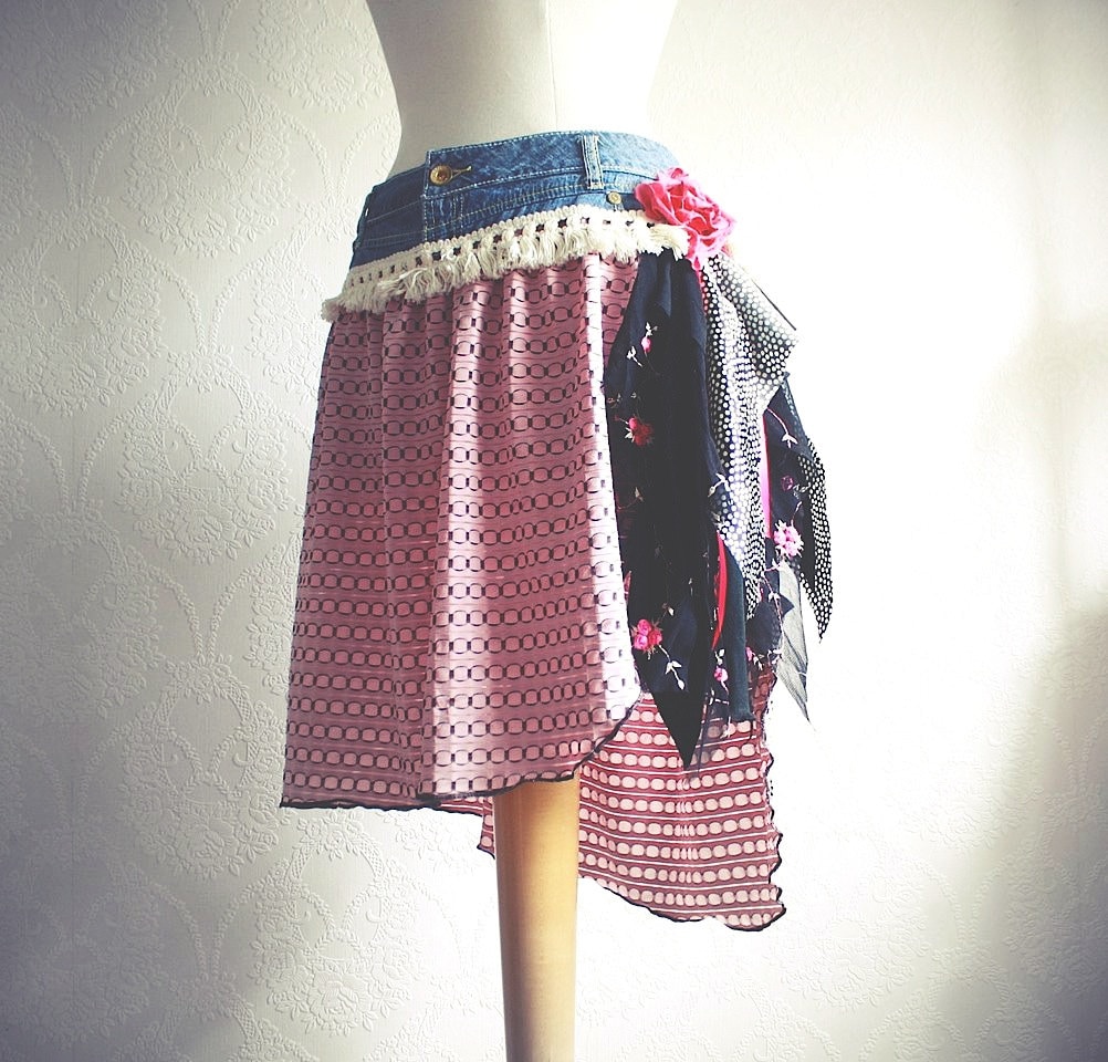 Pink Gypsy Skirt Shabby Chic Knee Length Black Floral Upcycled Clothing Bohemian Clothes Recycled Jeans Large 'CICILY'