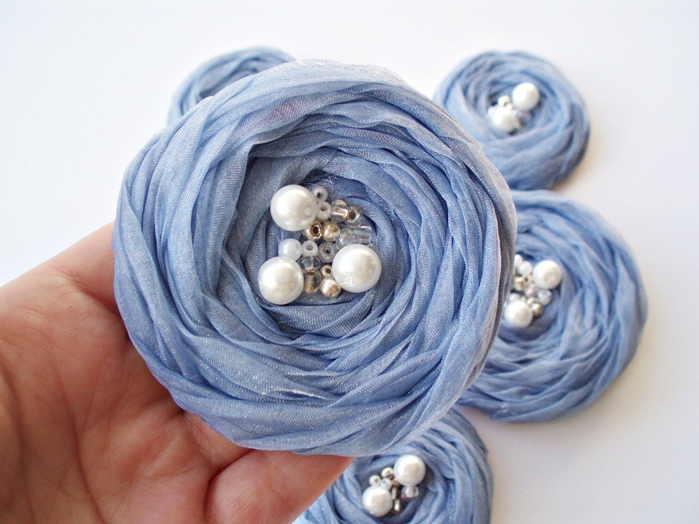 Blue Chiffon Roses Handmade Appliques Embellishments(5 pcs)
