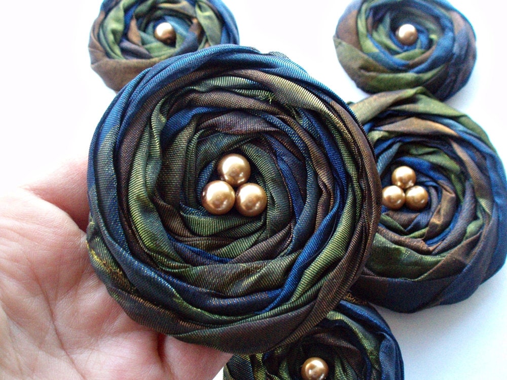 Brown - Green - Navy Marbled Fabric Roses Handmade Appliques Embellishments(5 pcs)