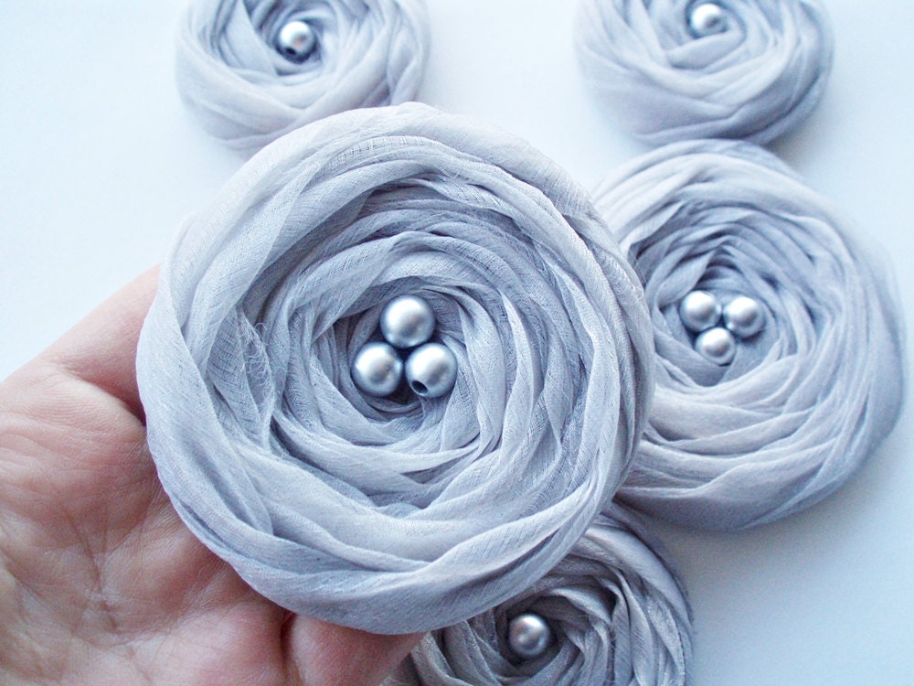 Silver Grey Chiffon Roses Handmade Appliques Embellishments(5 pcs)