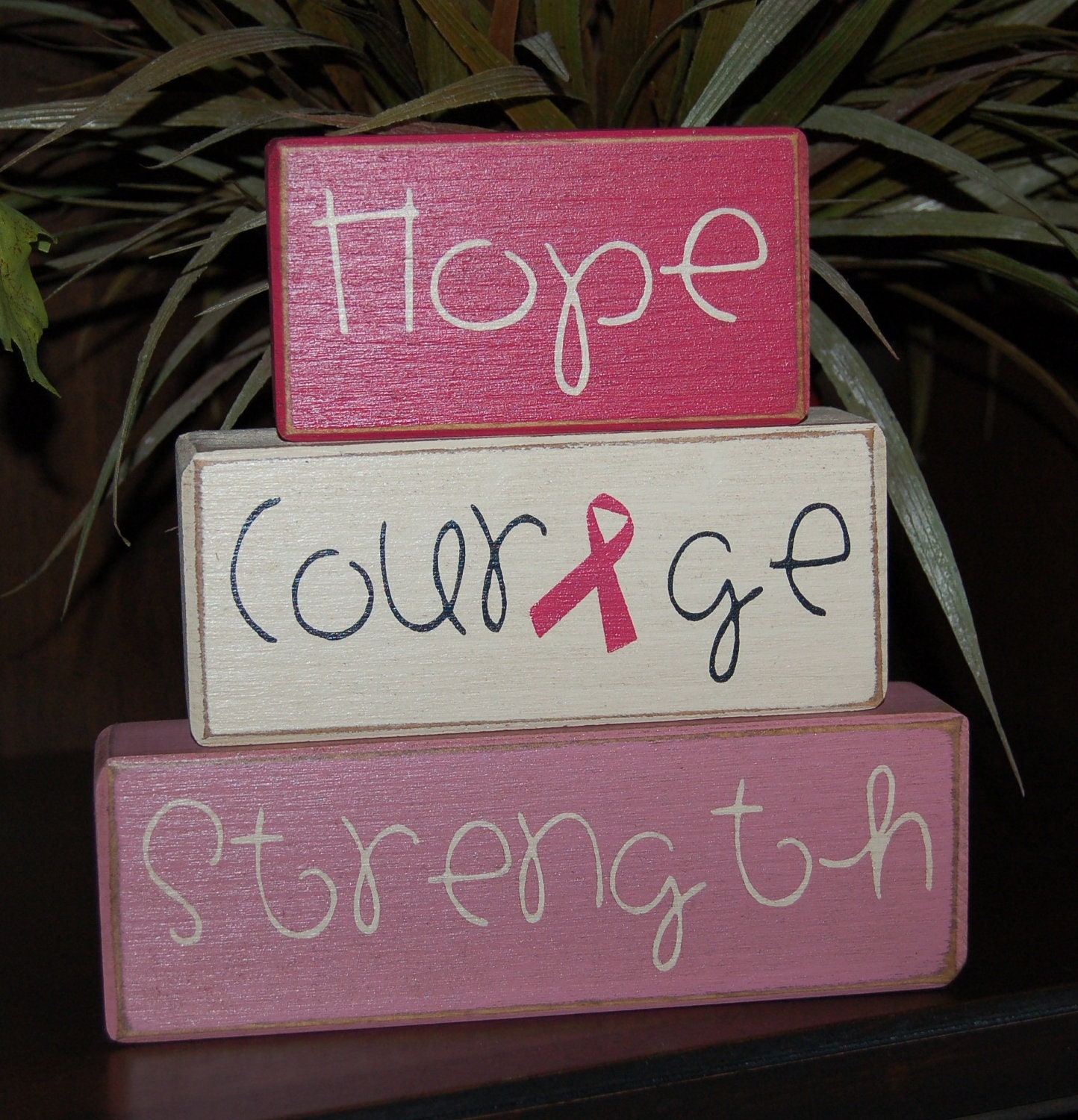 Breast CANCER Awareness Keep Calm Think Pink Hope Courage Believe Strength Wood Sign Blocks Primitive Country Rustic